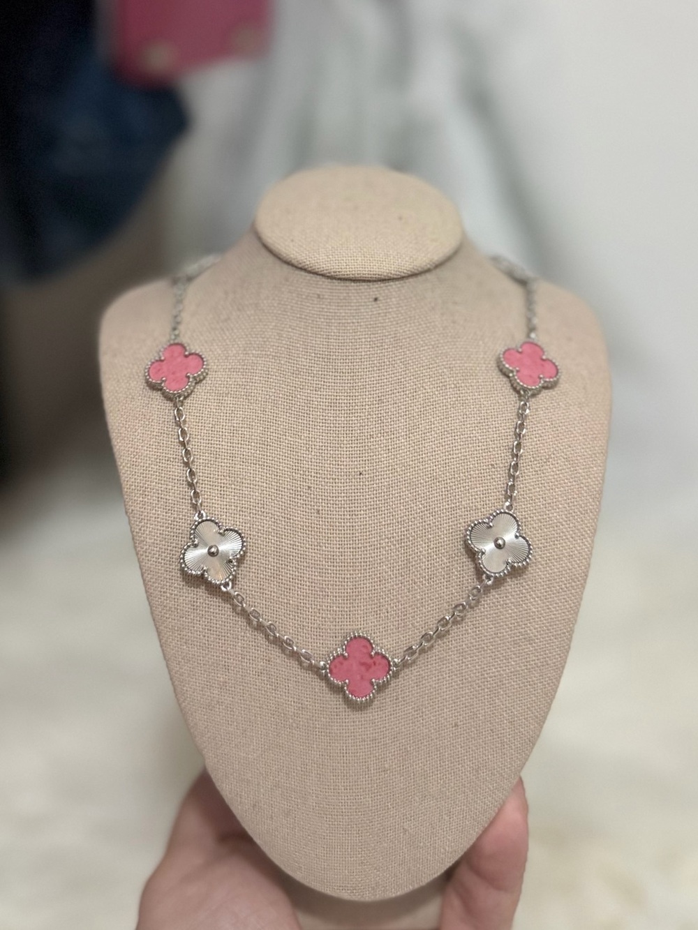 Silver & Pink Clover Necklace Alhambra Style Short Chain Women’s Jewelry